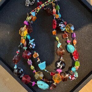 Arty Colorful Howlite Turquoise Crystals Millefiori Beaded Necklace